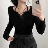 Korean Style Women's 2 - Piece Knit Set, V - Neck Top with Striped Tie Detail & Casual Sweater - Zeprah