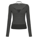 Korean Style Women's 2 - Piece Knit Set, V - Neck Top with Striped Tie Detail & Casual Sweater - Zeprah