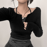 Korean Style Women’s 2 - Piece Knit Set – Vintage V - Neck L/S Top with Striped Tie & Casual Sweater - Zeprah