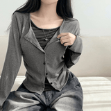 Korean Style Women’s Full Sleeve T-Shirt – Vintage Knitted Stripe Print Cutout Top, Slim Fit, Button Front, Autumn V - Neck - Zeprah