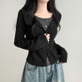 Korean Style Women’s Full Sleeve T-Shirt – Vintage Knitted Stripe Print Cutout Top, Slim Fit, Button Front, Autumn V - Neck - Zeprah