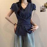 Lace V - neck Plaid Short - sleeved Shirt Women's 2025 New Summer Plus Size Waist - Cinching Slimming Short - Sleeved Tee - Zeprah