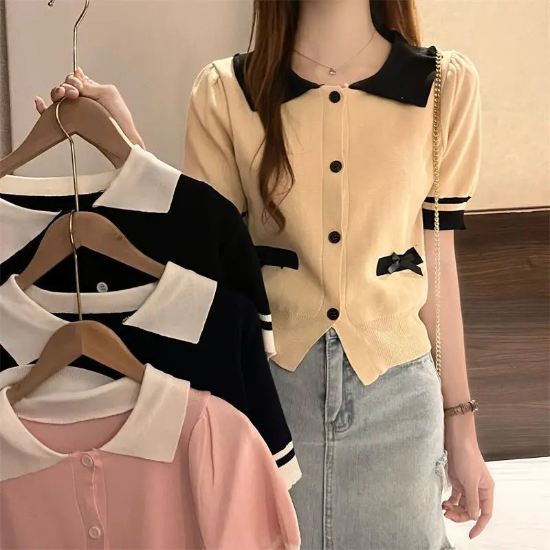 Lapel Tops for Women Color Contrast T-shirt Knit Short - sleeved T-shirt - Zeprah