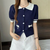 Lapel Tops for Women Color Contrast T-shirt Knit Short - sleeved T-shirt - Zeprah