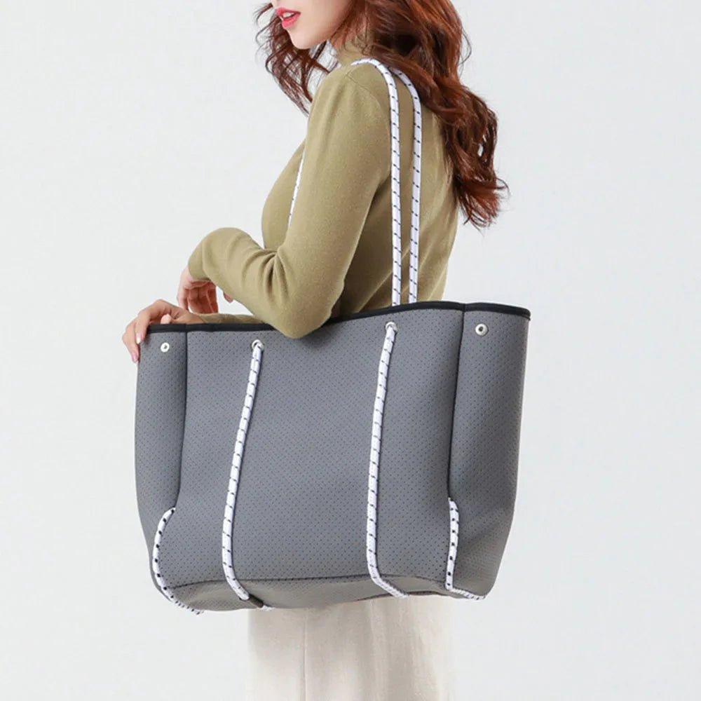 Large Capacity Neoprene Tote Bag for Women Casual Style Travel Shoulder Bag Chains Print Rivet for Pool Beach - Zeprah