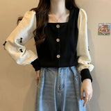 Large Size French Style Long - Sleeved Square Collar Shirt Women's Spring Bow Slim Top for Girls - Zeprah
