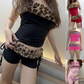 Leopard Print Casual Skinny Fit Strapless Faux Fur Trim Bandage Crop Top Lace up Shorts Clubwear - Zeprah