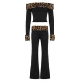 Leopard Print Collarless Two Piece Set Sexy Shoulder Top Faux Fur Panel Winter Skinny Fit Pants Knitting Fabric Washed - Zeprah