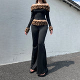 Leopard Print Two Piece Set Sexy Shoulder Top Faux Fur Panel Winter Skinny Fit Pants Knitting Fabric Washed Eco - Friendly - Zeprah