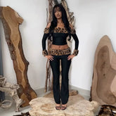 Leopard Print Two Piece Set Sexy Shoulder Top Faux Fur Panel Winter Skinny Fit Pants Knitting Fabric Washed Eco - Friendly - Zeprah