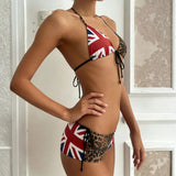 Leopard Stripe Knitting Above Knee Short 2 Piece Bikini Set Color Block Low Rise Beachwear - Zeprah