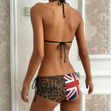 Leopard Stripe Knitting Above Knee Short 2 Piece Bikini Set Color Block Low Rise Beachwear - Zeprah