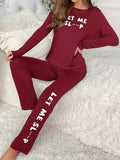 Letter Print Loungewear Two - Piece Set Elastic Waist Long - Sleeve Top Long Pants Casual Comfortable Front - Zeprah