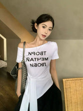 Letter Print Women's T-shirts off Shoulder Workout T-shirt Tie - up Design Women's Clothing - Zeprah
