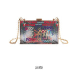 Letters Print Women Messengers Lock Shoulder Bag Small Chains Women Box Bag Female Graffiti Handbags Ladies Evening Party Clutch - Zeprah