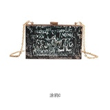 Letters Print Women Messengers Lock Shoulder Bag Small Chains Women Box Bag Female Graffiti Handbags Ladies Evening Party Clutch - Zeprah