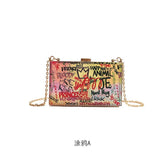 Letters Print Women Messengers Lock Shoulder Bag Small Chains Women Box Bag Female Graffiti Handbags Ladies Evening Party Clutch - Zeprah