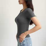 Stretchy Body-Contouring Crew Neck Top-Fitted Short-Sleeve T-Shirt - Women’s Ruched Side Basic T-Shirt