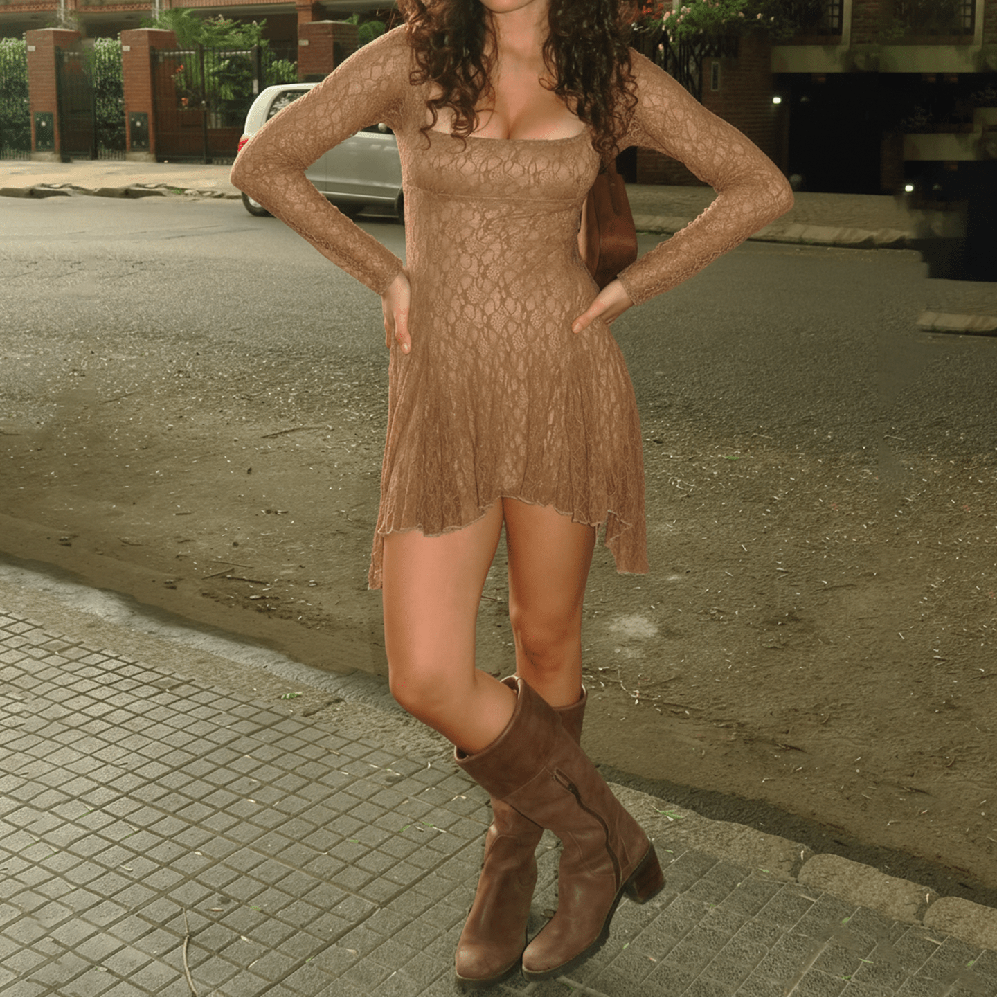 Long Sleeve Mini Dress – Bohemian Open Knit Design - Zeprah