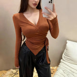 Long - sleeved V - neck Spice Girl T-shirt Women's Autumn Waist - Cinching Slim - fit Sexy Top Irregular Tie - up Shirt - Zeprah