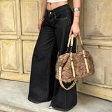 Loose Fit Wide Leg Solid Windproof Eco - Friendly Autumn Simple Jeans Women's Low Rise Washed Denim Slimming Casual Pants Button - Zeprah