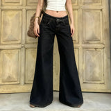 Loose Fit Wide Leg Solid Windproof Eco - Friendly Autumn Simple Jeans Women's Low Rise Washed Denim Slimming Casual Pants Button - Zeprah