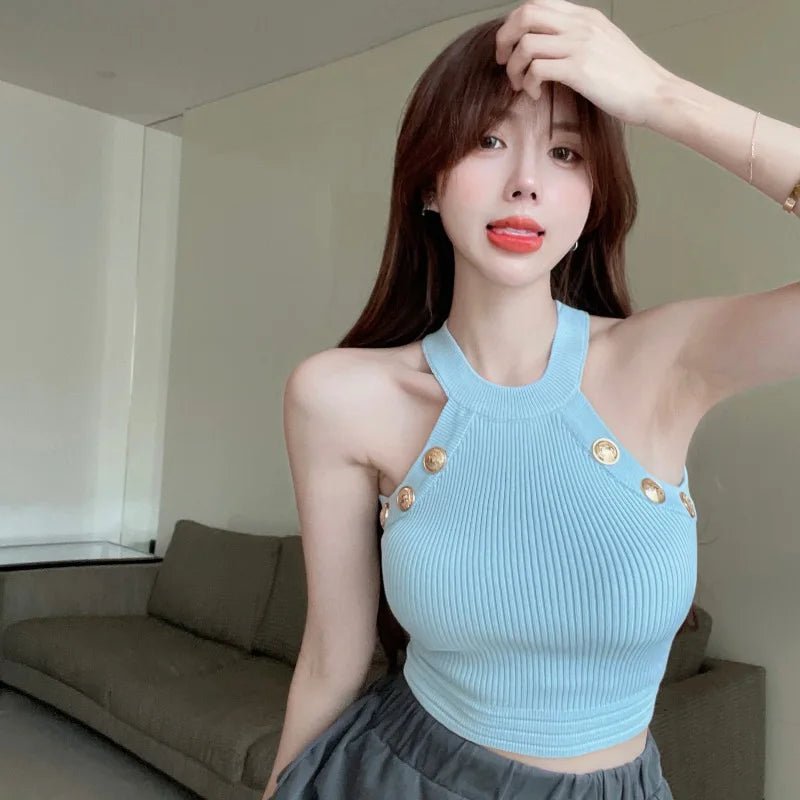Low MOQ New Design Casual Luxury O - Neck Halter Top Sexy Bandage Beading Crop Top Outer Wear Office Lady Camisole - Zeprah