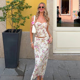 Low Rise Maxi Skirt and Skinny Crop Top Set Spring Floral Casual Two Piece Knitting Outfit - Zeprah