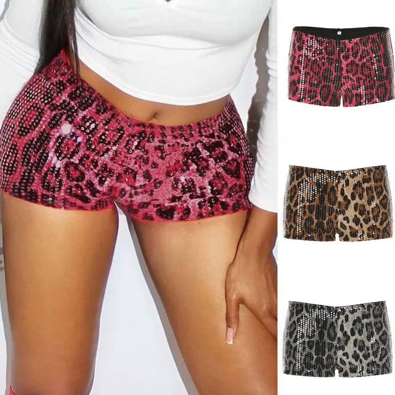 Low Rise Satin Sequin Shorts Leopard Print Color Block Bodycon Hot Pants with Elastic Waist Breathable for Women - Zeprah