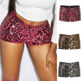 Low Rise Satin Sequin Shorts Leopard Print Color Block Bodycon Hot Pants with Elastic Waist Breathable for Women - Zeprah