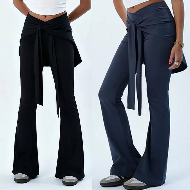 Low Waist Flare Yoga Pants Detachable Back Skirt Solid Color Stretchy Regular Fit Breathable Casual Workout Trousers Flat - Zeprah