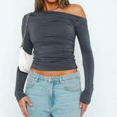 Off-Shoulder Ruched Long-Sleeve Top
