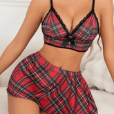 Mini Skirt and Plaid Bralette Set – Women’s Nightwear, Elastic Waist, Party Style - Zeprah
