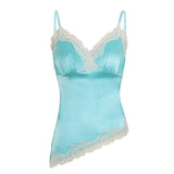 Minimalist Casual Solid Color Satin Fitted Asymmetrical Hem Lace Paneled Summer V - neck Breathable Eco - Friendly Cami Top - Zeprah