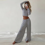 Minimalist Casual Two Piece Set Low Rise Pants Cropped Shirt Women Autumn Solid Color Stretchy Ribbed Knit Plain Dyed Breathable - Zeprah