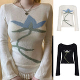 Minimalist Elegant Floral Casual Breathable Thin Lightweight Crew Neck Sweater Sheer Lace Flare Long Sleeve Womens Knitwear - Zeprah
