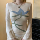 Minimalist Elegant Floral Casual Breathable Thin Lightweight Crew Neck Sweater Sheer Lace Flare Long Sleeve Womens Knitwear - Zeprah