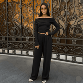 Minimalist Long Sleeve Off - Shoulder Top & Straight Leg Pants – Women’s Two - Piece Set, Solid Color Casual Loungewear with Elastic Waist - Zeprah