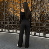 Minimalist Long Sleeve Off - Shoulder Top & Straight Leg Pants – Women’s Two - Piece Set, Solid Color Casual Loungewear with Elastic Waist - Zeprah