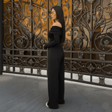 Minimalist Long Sleeve Off - Shoulder Top & Straight Leg Pants – Women’s Two - Piece Set, Solid Color Casual Loungewear with Elastic Waist - Zeprah