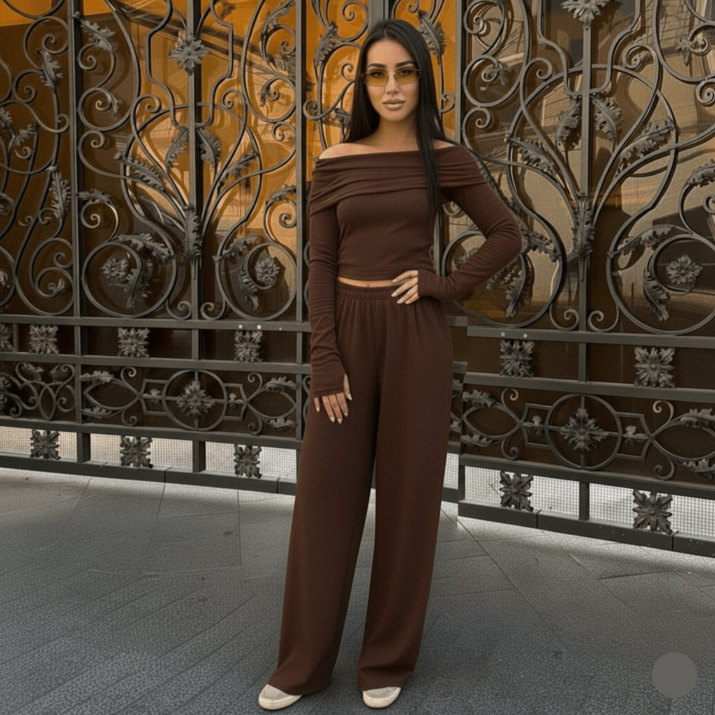 Minimalist Long Sleeve Off - Shoulder Top & Straight Leg Pants – Women’s Two - Piece Set, Solid Color Casual Loungewear with Elastic Waist - Zeprah