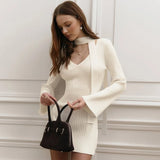 Minimalist Solid Color Crew Neck Woolen Knit Sweater Dress Long Sleeve Detachable Scarf Natural Waist Elegant Office Winter - Zeprah