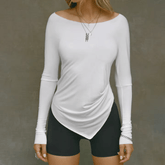 Minimalist Solid Color Fluid Top: Women's Basic Long Sleeve T-Shirt with Asymmetric Hem & Waist Drapery | Slimming Slash Neck Knit - Zeprah