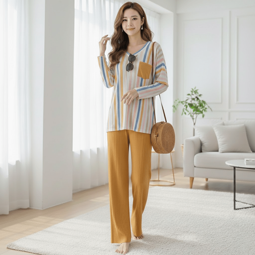 Multistripe Oversized Button - Up Shirt and Wide - Leg Pant Set - Zeprah
