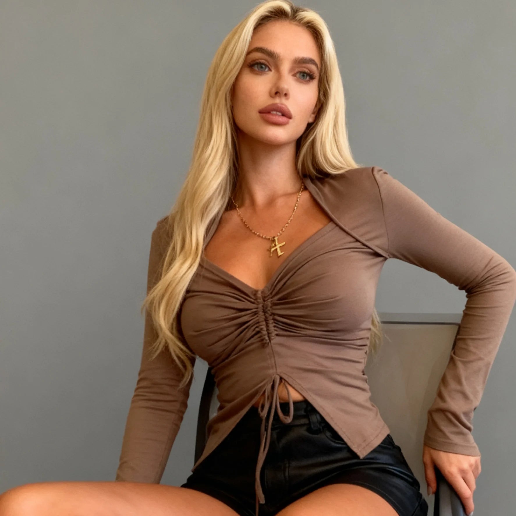 Navel Exposed Base Shirt Drawstring Long Sleeve T-shirt Slim - fit Long Sleeve Short Top - Zeprah