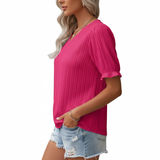 Striking Fuchsia Pink Blouse for Women – Romantic Puff Sleeve Top with Crochet Lace & Micro-Pleats