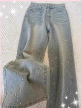 New Arrival Rhinestone Wide Leg Jeans for Women Light Blue Sparkly High Rise Pants Trendy Tummy Control Slim Fit Trousers - Zeprah