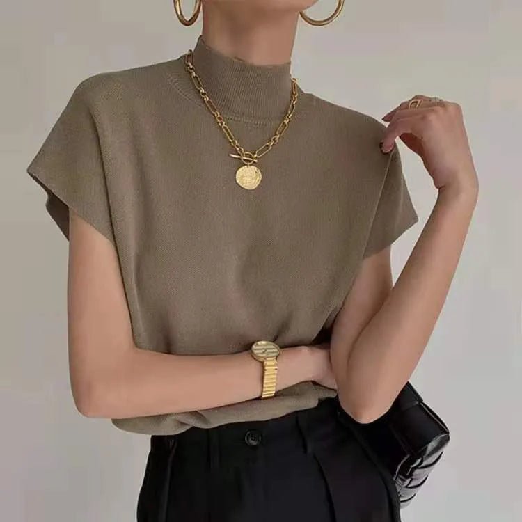 New Arrival Short Short - sleeved T-shirt Spring and Summer Half Turtleneck Knitted Loose Vest Women's T-shirt - Zeprah