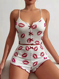 New Arrival Spandex Spring Heart - Shaped Printed Color - Block Clothing Front Slit Strappy Pajamas Set - Zeprah