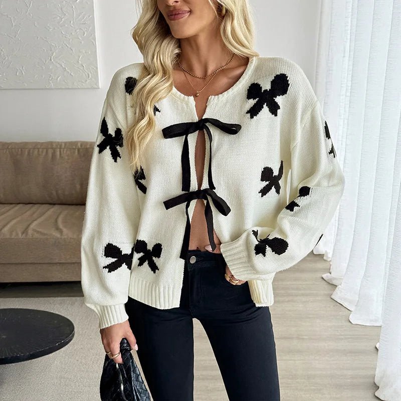New Autumn Vintage Thin Lace - Up Bow Pattern Women's Sweater - Zeprah